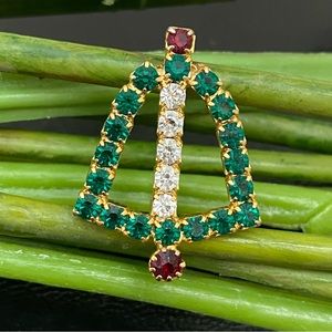 Vintage Green Red Clear Rhinestone Christmas Bell Small Pin Brooch